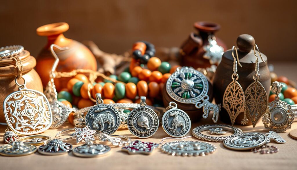 A detailed still life of unique Peruvian keepsakes and silver jewelry, illuminated by warm, natural lighting. In the foreground, an array of intricate pendants, bracelets, and earrings crafted from gleaming sterling silver, featuring traditional Andean motifs such as geometric patterns, stylized animals, and symbolic icons. The middle ground showcases a selection of polished stone beads, intricate woven textiles, and delicate filigree pieces, all radiating a sense of cultural heritage. The background gently fades into a soft, earthy tone, allowing the jewelry to take center stage and shine. The overall composition conveys a sense of artisanal craftsmanship, cultural significance, and the timeless beauty of Peruvian silversmithing.