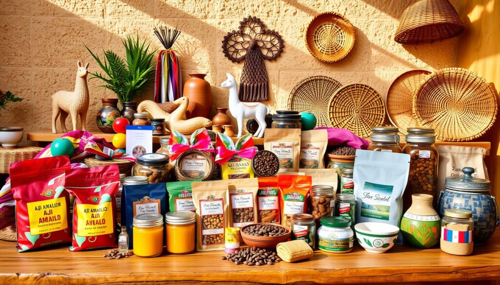 A vibrant collection of authentic Peruvian gourmet souvenirs fills a rustic wooden table. In the foreground, an array of colorful bags and jars containing Aji amarillo paste, Peruvian chocolate, roasted coffee beans, and handcrafted ceramics. In the middle ground, llama figurines, woven textiles, and intricate handwoven baskets. The background features an earthy, adobe-style wall, casting warm, natural lighting across the scene. The overall atmosphere evokes the rich cultural heritage and artisanal traditions of Peru, creating a visually captivating display of unique and flavorful delights.