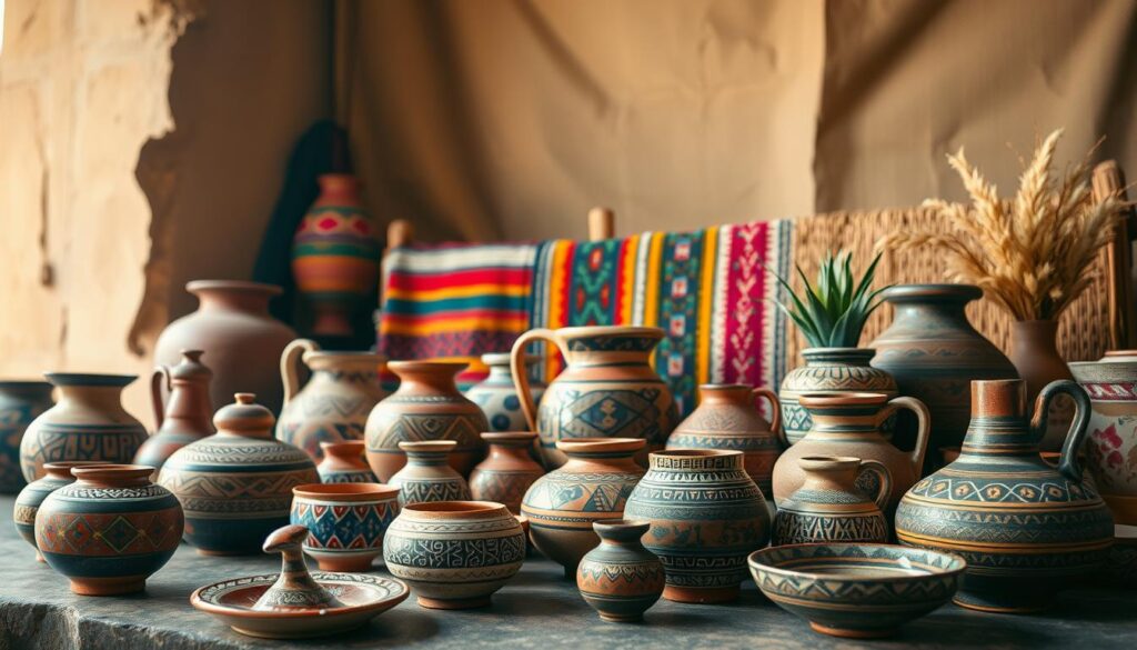 A vibrant still life capturing the rich artistry of Peruvian handicrafts. In the foreground, an assortment of intricately designed pottery and ceramics showcasing traditional patterns, textures, and earthy tones. Arranged with care, these pieces radiate a sense of cultural heritage and skilled craftsmanship. The middle ground features a selection of vibrant woven textiles, their vibrant hues and intricate weaves complementing the pottery. In the background, a neutral backdrop allows the handcrafted treasures to take center stage, bathed in warm, natural lighting that highlights the depth and nuance of each piece. An evocative scene that celebrates the unique artistic expression of Peruvian artisans.